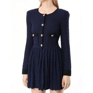 Self-Portrait | Navy weave knit tweed long sleeve pleated  mini dress | Sz L
